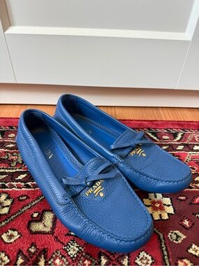 Prada Royal Blue Pebbled Leather Loafers with Gold Logo